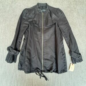 Womens Zip Up Jacket Small Black Linen Blend Ruffle Collar Pleated Cuffs Gothic
